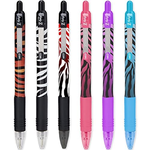Image of Zebra Pen Z-Grip Smooth - Retractable Ballpoint Pen - Pack of 6 - Stripe Pack - Animal Print + Funky Flames