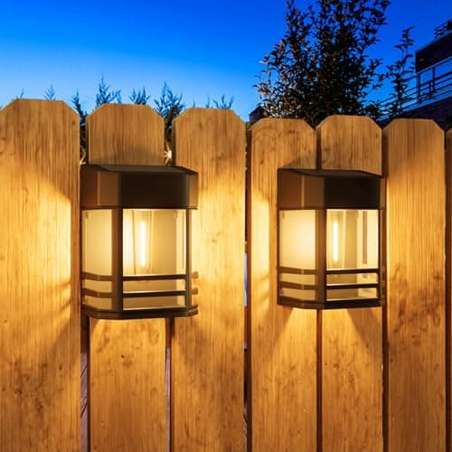 Image of Woolmug 2 Pack Solar Fence Lights Outdoor Garden, Waterproof Retro LED Wall Lights, Auto On/Off Solar Lights Garden Fence Lighting for Patio Decking Gate Yard Decoration, Warm White