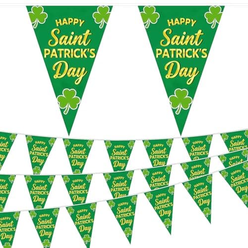 Image of Solihigh St Patricks Day Decorations - 32.8FT St. Patrick's Day Flag Bunting, Shamrock Clover Garland Banner for Irish Lucky Day St. Patrick's Day Party Home Outdoor Hanging Decor