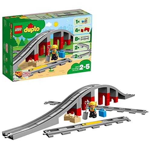 Image of LEGO DUPLO Town Train Bridge and Tracks Toy for Kids, Building Bricks Set with Horn Sound Action Brick, Trains Rails Extension Set 10872