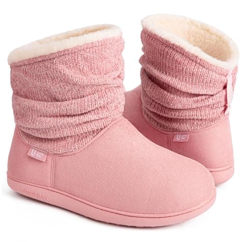 Image of LongBay Ladies' Warm Chenille Knit Bootie Slippers Women's Comfy Suedette Fluffy Faux Fur Memory Foam Boots House Shoes(7-8 UK,Pink)