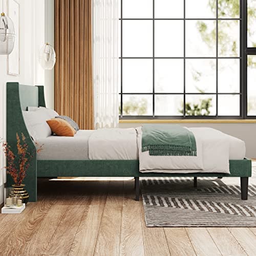 Image of Merax Velvet Double Bed Frame, 4FT6 Upholstered Bed with Winged Headboard, Wood Slat Support, Velvet Dark Green, L197*W142*H96cm