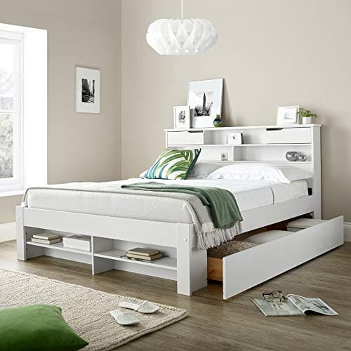 Image of 2 Drawer Storage Bed, Happy Beds Fabio White Wooden Storage Bed With Shelves - 5ft King Size (150 x 200 cm) Frame Only