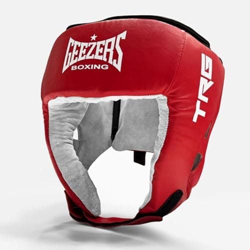 Image of Geezers Boxing Leather TRG Training Headguard Open Face Head Guard for Boxing, MMA Sparring, PU Material Headgear .Ideal Headguard for Men and Women (Medium, Red)