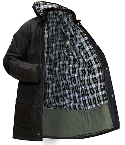Image of Mega_Jumble Men's Padded Wax Cotton Jacket With Hood Waterproof Hiking Hunting Fishing Country Bodywarmer Casual Sportwear Outdoor Winter Coat (UK, Alpha, 4XL, Regular, Regular, Brown)