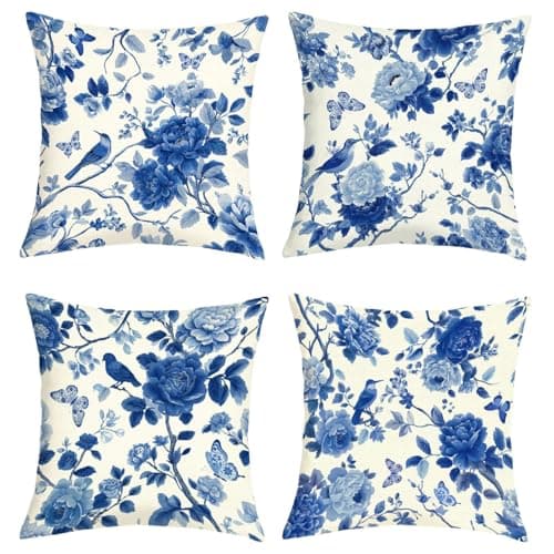 Image of Joymaison Blue and White Porcelain Floral Cushion Covers 40 x 40 Pack of 4 Vintage Chinoiserie Flower Birds Square Throw Pillow Case Decorative Sofa Cushion with Invisible Zipper