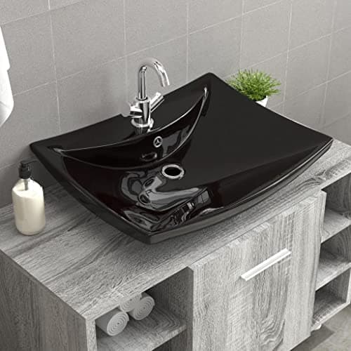 Image of Rectangular Ceramic Sink with Overflow and Tap Hole Washbasin in Black, High Gloss Surface for Elegant Bathroom Design, Easy Installation with Standard