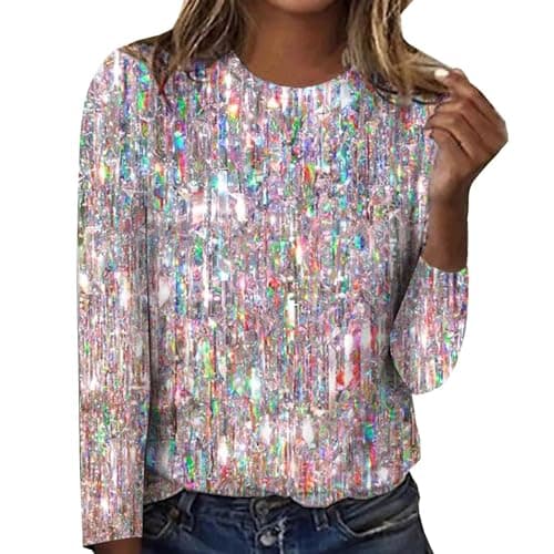Image of Long Sleeve T Shirts Women Round Neck Printing Long Sleeve Tops Spring Blouses Fashion Casual Loose Tee Shirts Pullover Basic T-Shirt Tops Ladies Dressy Shirt Going Out Tops Shirts Tunics Pink