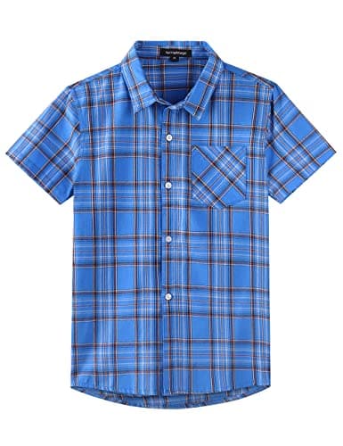 Image of Spring&Gege Boys' Casual Short Sleeve Plaid Button Down Cotton Dress Shirts, Blue Check Gingham, 13-14 Years