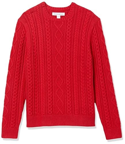 Image of Amazon Essentials Men's Long-Sleeve 100% Cotton Fisherman Cable Crewneck Jumper, Red, M