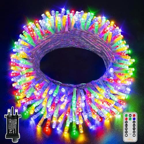 Image of Ollny Christmas Tree Lights, 20m 200 LED Outdoor Fairy Light Mains Powered, Waterproof Multicolour String Light with Plug,Remote/8 Modes/Timer, Bright Lighting Indoor/Outside/Garden/Xmas Decorations