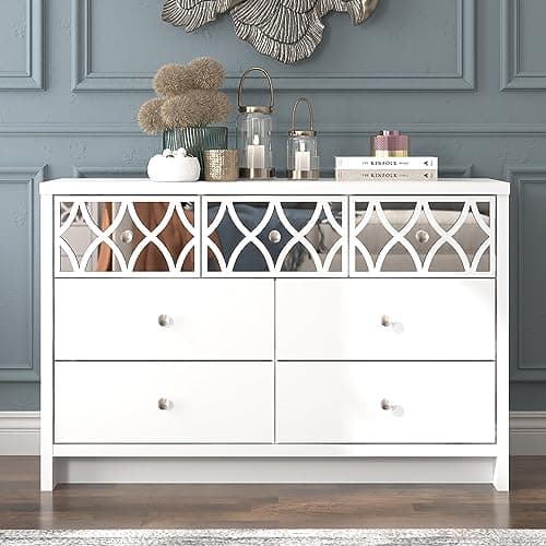 Image of Galano Iris 3+4 Drawer Chest – Modern Storage Cabinet with Mirrored Drawers for Bedroom, Entryway, or Living Room – White