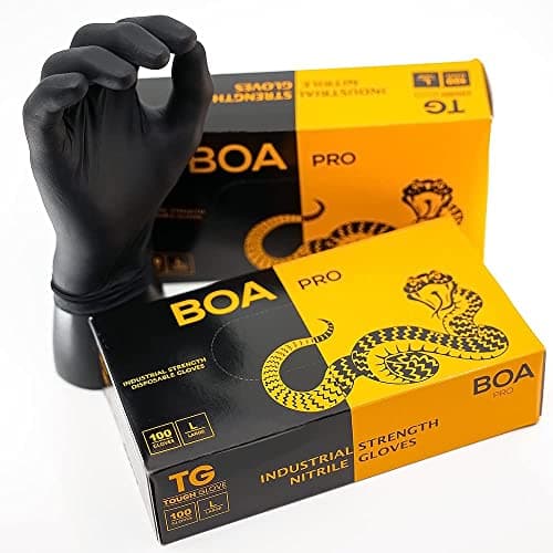 Image of TG TOUGH GLOVE BOA PRO (L) Nitrile Gloves (Pack Of 100) | Strong Black Disposable Gloves | Powder & Latex Free Strong Lightweight Mechanic Industrial Gloves