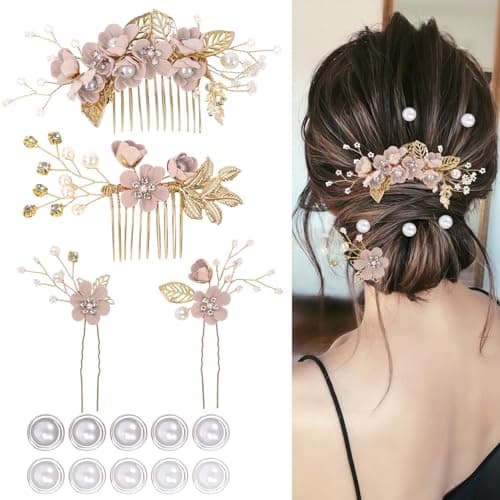 Image of 4Pcs Wedding Hair Accessories for Women, Classy Bridal Hair Pins Flower Bridesmaid Hair Accessories 10Pcs Spiral Pearl Hair Pins for Brides Bridesmaids Women Girls (Pink)