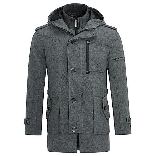 Image of YOUTHUP Mens Hooded Wool Coats Regular Fit Winter Tweed Trench Coat Casual Outerwear Military Peacoats, Grey, S