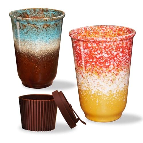 Image of ganfaner 390ml Travel Coffee Mug with Lids, 2 PCS Modern Ceramic Coffee Cup with Lid, Attractive Coffee Mugs for Hot Cold Drinks in Car, Microwave Dishwasher Safe for Office Home [Orange Blue]