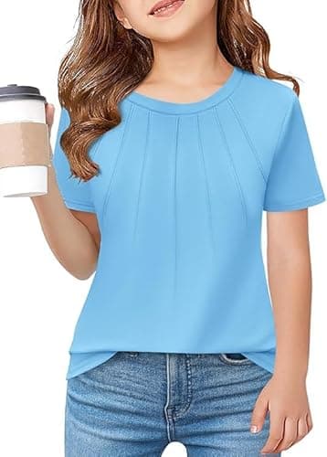 Image of Haloumoning Girls Pleated T Shirts Kids Summer Short Sleeve Crew Neck Shirt Fashion Casual Tops Tees 5-14 Years, Blue, 9-10 Years