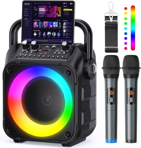 Image of Karaoke Machine with Two Wireless Microphones, Adults&Kids Portable Karaoke Machine, Bluetooth Speaker with PA System, LED Lights, Supports TF Card/USB, AUX in, FM, USB,TWS, REC for Party, Gift(Black)