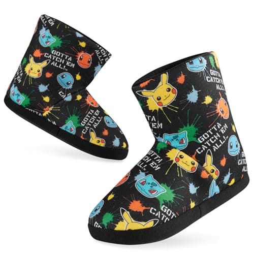 Image of Pokemon Boys Slippers Boot Slippers Pikachu Bulbasaur Soft Kids Shoes Non Slip House Shoes Anime Gifts for Boys (2 UK, Black Aop)