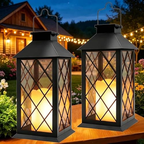 Image of Yowin Solar Lanterns for Outside, 2 Pack 35cm Large Hanging Lantern Outdoor Garden with Flickering Candle, Tempered Glass, Garden Gifts Waterproof Table Lamp for Balcony Patio Decorations - Black