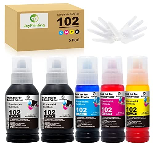 Image of JoyPrinting 102 Ink Replacement for Epson 102 Ink Bottle Refills Compatible with Epson EcoTank ET-2750 ET-2700 ET-2751 ET-2756 ET-3700 ET-3750 ET-4750 ET-15000 (Black/Cyan/Magenta/Yellow 5-Pack)