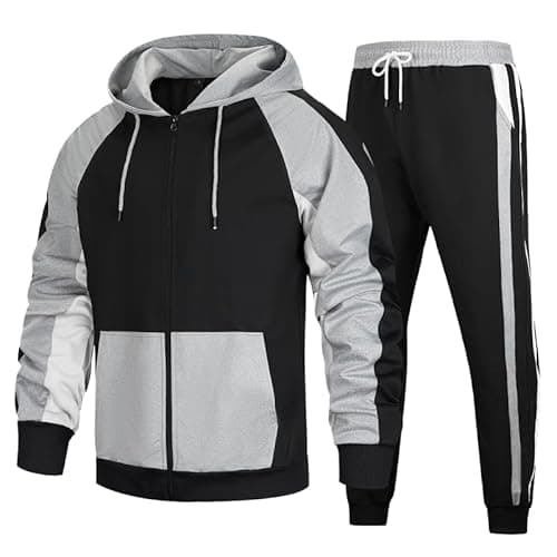 Image of AOTORR Mens Tracksuit Set Full Zip Hooded Jacket Jogging Patchwork Tops Bottoms Sweatshirt Suit Black Gray XL