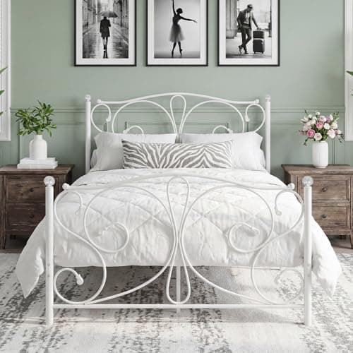 Image of Panana 4FT6 Double Modern Metal Bed Frame with 2 Butterfly Design Headboard and Large Space Storage for Adults Kids Teenagers Guest Fits 135 * 190cm Mattress (White)
