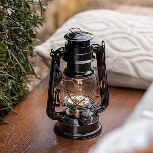 Image of Lights4fun Battery LED Camping Hurricane Lantern Dimmable Black Metal Vintage Storm Lamp 25cm