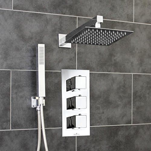 Image of ECOSPA Modern Concealed Twin Thermostatic Shower Mixer Valve in Chrome with 2 Outlets, 3 Square Handles, Thin Square Overhead and Shower Handset Kit with Anti-Scalding Safety Feature