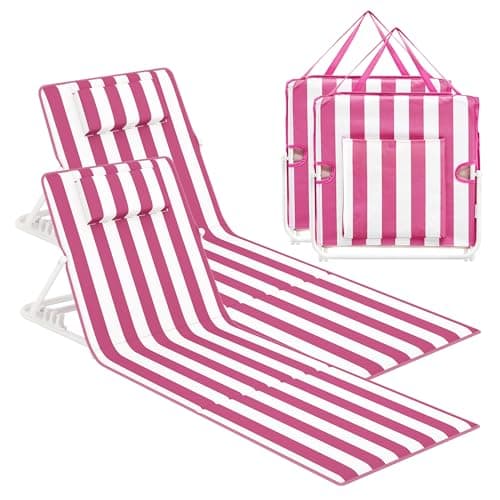Image of SONGMICS Set of 2 Folding Beach Sunloungers, Deck Beach Chairs Mats, Reclining Backrest, Lightweight Portable with Handle, Camping Garden Pool, 158 x 55 cm, Strawberry Red and Cloud White GCB251SZ02