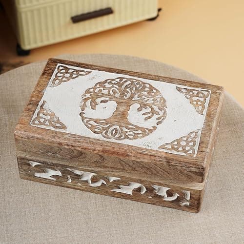 Image of Wood Tree of Life Keepsake Jewellery Box Organiser Unique Gift Ideas for Men & Women Wooden Jewellery Storage Multipurpose Treasure Box Organizer Travel Keepsake | 8 X 5 X 2.5 Inch (TreeOfLife)