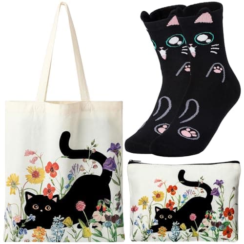 Image of ViEinkaufen Cat Gifts for Women Girls Cat Lovers Tote Bag with Inner Pocket,Makeup Bag and Black Socks Thank You Presents Birthday Gift for Mum Auntie Wife Sisters Friends Teacher