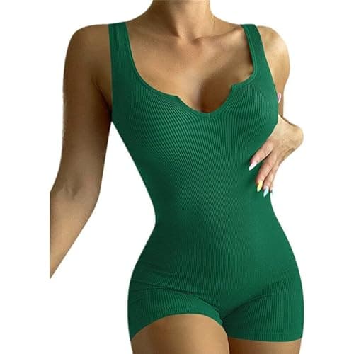 Image of Boolavard Womens Sexy Ribbed Sleeveless Bodysuit Stretch Leotard Shorts Romper Jumpsuit (XXL, Green)