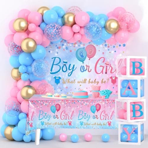 Image of QIFU 154Pcs Gender Reveal Decorations - Kit Deco Baby Shower Comprend Ballon Rose et Bleu, 4 Boîtes Cube de Fête Prénatale et Gender Reveal Nappe Baby Shower Decorations Pour Welcome Baby Fille Garcon