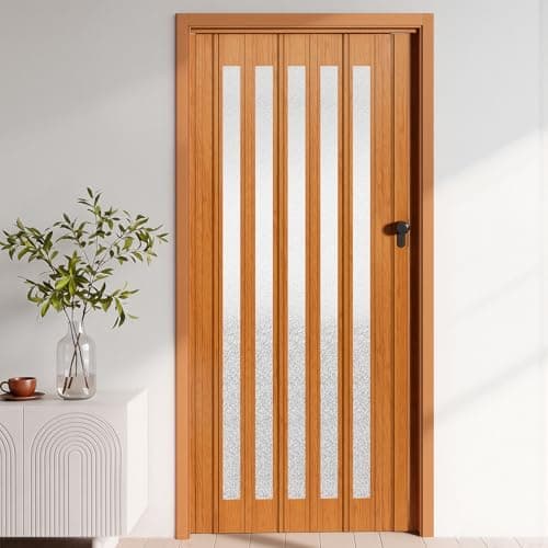 Image of INMOZATA Folding Doors Internal PVC Plastic Features Artistic Patterned Glass Internal Doors with Handle Sliding Concertina Door Panel Divider (Natural, Thickness 10mm)