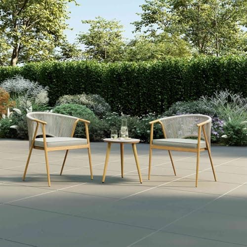 Image of CHARLES BENTLEY Bistro Set, Outdoor, Wood Effect, Rope Weave, Bistro Set, Weather Resistant, UV Protected, Stackable Chairs, Easy Storage, Light Grey, Wood Effect Frame