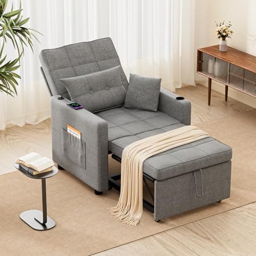 Image of BonVache 3-in-1 Convertible Single Sofa Bed, Chair bed with USB & Type-C Ports, Storage pocket and 5-position adjustable backrest, Pull Out Bed for Living Room, Guest Room, Bedroom, Grey