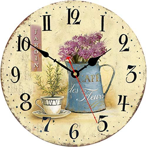 Image of Toudorp 8 Inch Wall Clock Floral French Vintage Wooden Wall Clock Silent Non-Ticking Battery Operated Arabic Numerals Wall Clocks Decorative for Kitchen, Office, Classroom - Cafe and Flowers
