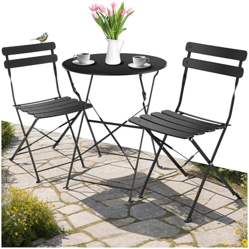 Image of tectake® Bistro Set with 1 Garden Table & 2 Chairs, Foldable Design with Stylish Slats, Steel Frame, Floor-Protective & Non-Slip Feet, No Assembly - Garden Furniture for Patio & Balcony - Black