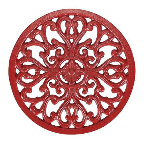 Image of SUMTree 6.7" Round Cast Iron Trivet, Decorative Heavy Duty Hot Pot Holder Mat, Vintage Flower Pattern Cast Iron Trivet with Rubber Pegs for Kitchen Worktops Dining Table (Red)