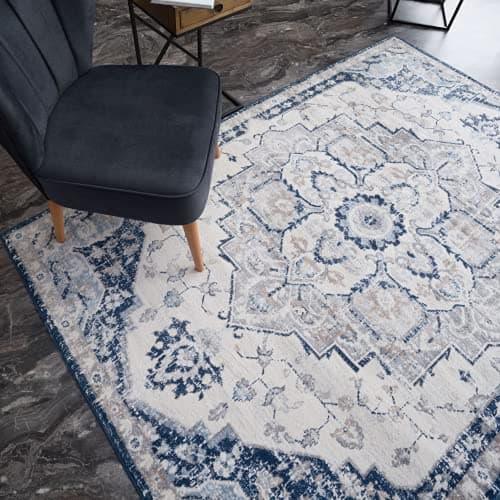 Image of THE RUGS AREA RUG LIVING ROOM BEDROOM LARGE SMALL VINTAGE SOFT SHORT PILE BORDERED CLASSIC ORIENTAL DESIGN TRADITIONAL PERSIAN MOROCCAN BOHO CARPET- LARGE 160X230 CM, NAVY TRADITIONAL DESIGN