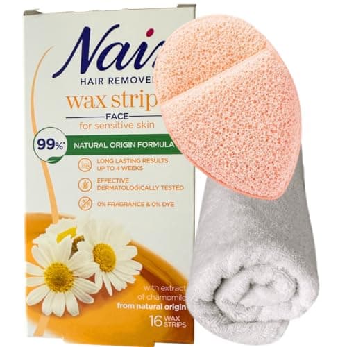 Image of Nair Facial Wax Strips Bundle with Exfoliator Puff & BVO Luxe Reusable Face Cloth | Sensitive Skin Hair Removal Kit for Women | Upper Lip, Chin, Cheeks & Eyebrow Waxing Strips