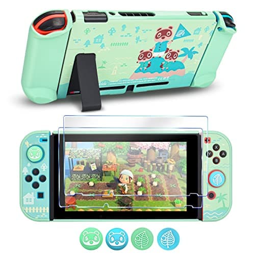 Image of DLseego Protective Case Compatible with Switch Model, Newest Pattern Animal Crossing Design Cover Case with 2 Pcs Glass Screen Protectors and 4 Pcs Cute Thumb Grip Caps Green Accessories Set