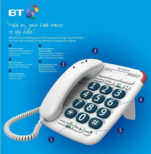 Image of BT Corded Analogue Telephone - Bt big button 200 telephone white 10 no directory hands free message waiting indicator ring controller