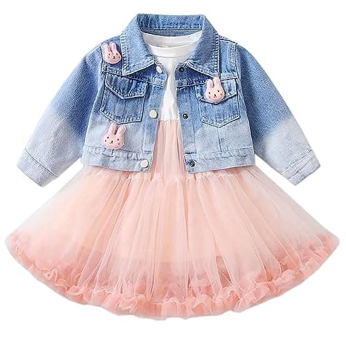 Image of Peacolate 2-7Years Spring Autumn Little Big Girl 2pcs Dresses Clothing Sets Long Sleeve Dress and Denim Jacket(Pink,5years)