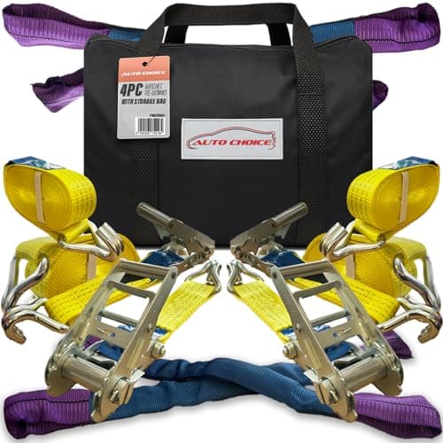 Image of Xtremeauto 4 Pack Car Transporter Wheel Straps – 50mm Ratchet Tie Down Tensioner Set with Claw Hooks – 3-Part Yellow Webbing Straps with Soft Diverter – 2000daN Lashing Capacity – 4m Length – BS EN121