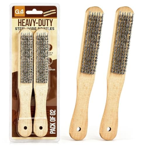 Image of G4GADGET Wooden Wire Brush Set of 2 – 4 Row Steel Bristles for Rust Removal, Paint Cleaning, and Surface Pre-Treatment – Ideal for Metal, Wood, Stone & More
