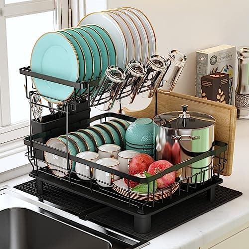 Image of MAJALiS 2 Tier Black Large Dish Drainer Drying Rack Drying for Kitchen Sink with Drip Tray, Stainless Steel Metal Anti Rust Wide Plate Bowl Draining Washing Up Holder, Extra Big Spout Drainage