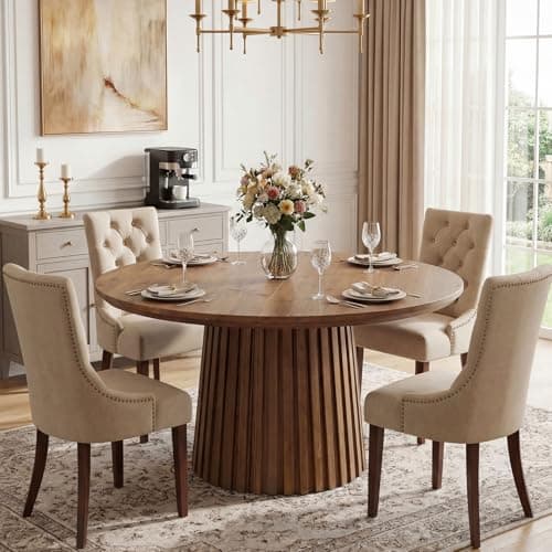 Image of TRIBEWOOD Solid Wood Dining Table for 4-6 People, 47.3'' Round Kitchen Table with Fluted Base, Farmhouse Accent Dining Room Furniture for Home Living Room, Rustic Brown