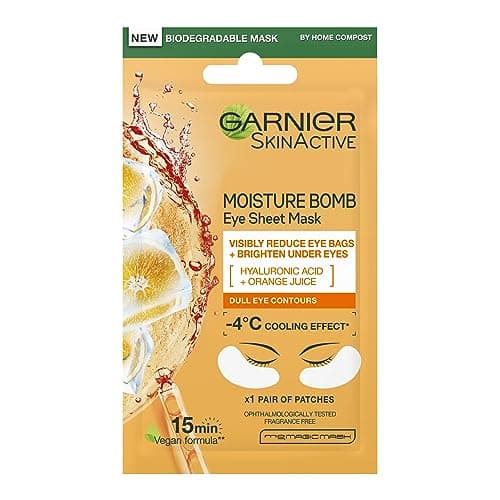 Image of Garnier Moisture Bomb Orange Eye Mask, With Hyaluronic Acid And Orange Juice, Hydrating & Brightening Under Eye Mask, Reduce Appearance of Eye Bags, Vegan Tissue Mask, 6g
